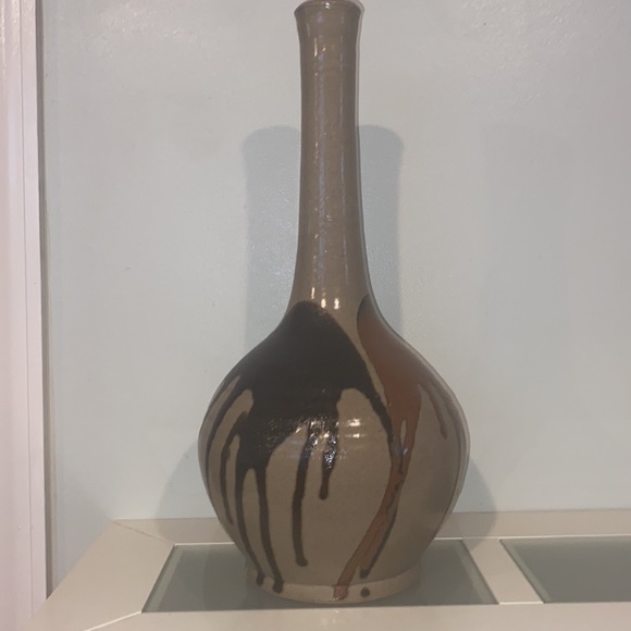 Ceramic Glazed Clay Bottleneck Brown/Teal/ Dark Brown Drip Paint DesignVase/Pot - Picture 3 of 9